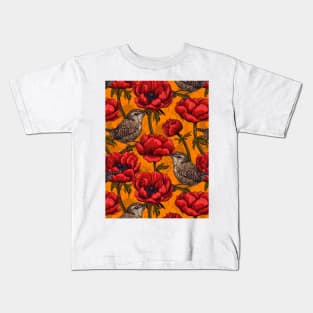 Wrens in a red anemone garden Kids T-Shirt